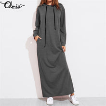 Load image into Gallery viewer, Celmia 2019 Autumn Women Vintage Hoodies Maxi Dress Casual Solid Long Sleeve Pockets Hooded Dresses Long Vestidos Robe Femme 5XL