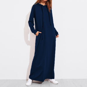 Celmia 2019 Autumn Women Vintage Hoodies Maxi Dress Casual Solid Long Sleeve Pockets Hooded Dresses Long Vestidos Robe Femme 5XL