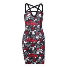 Load image into Gallery viewer, InsGoth Pentagram Hollow Out Sexy Gothic Dress Halloween Skull Rose Printed Bodycon Mini Party Lady Dress Harajuku Streetwear