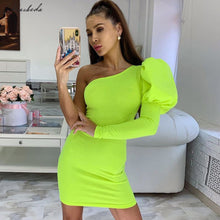 Load image into Gallery viewer, Macheda One Shoulder Sexy Bodycon Dress Summer Women Puff Long Sleeve Solid Wrap Mini Dress Lady Casual Slim Dress 2019 New