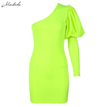 Load image into Gallery viewer, Macheda One Shoulder Sexy Bodycon Dress Summer Women Puff Long Sleeve Solid Wrap Mini Dress Lady Casual Slim Dress 2019 New