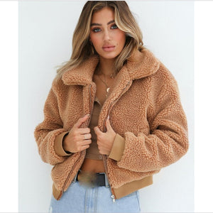 Women Thick Warm Teddy Bear Pocket Fleece Jacket Coat Zip Up Outwear Overcoat Winter Soft Fur Jacket Female Plush Coat Elegant