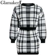 Load image into Gallery viewer, Glamaker Plaid knitted two-piece suit sexy autumn Dress women elegant winter sweater dress Sexy female fashion party short dress