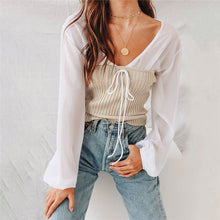 Load image into Gallery viewer, 2Pcs Female Chiffon knit two piece cloting Sexy Women V Neck Chiffon Shirt Full Sleeve White shirts Blouse +Tube Tops suits