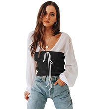 Load image into Gallery viewer, 2Pcs Female Chiffon knit two piece cloting Sexy Women V Neck Chiffon Shirt Full Sleeve White shirts Blouse +Tube Tops suits