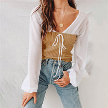 Load image into Gallery viewer, 2Pcs Female Chiffon knit two piece cloting Sexy Women V Neck Chiffon Shirt Full Sleeve White shirts Blouse +Tube Tops suits