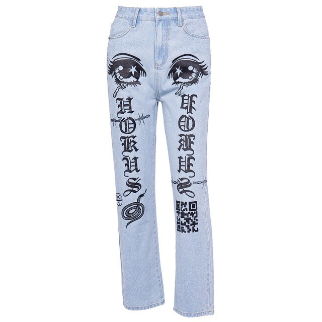 Women Trendy Hippie Jeans Straight High Waist Light Blue Pants Print Patterned Harajuku Denim Trousers Soft Bottom Streetwear