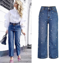 Load image into Gallery viewer, High Waist Pearl Jeans Beads Embellished Women Straight Pants Wide Leg Denim Trousers Boyfriend Pantacourt Bell Bottom Loose XL