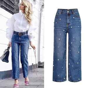 High Waist Pearl Jeans Beads Embellished Women Straight Pants Wide Leg Denim Trousers Boyfriend Pantacourt Bell Bottom Loose XL