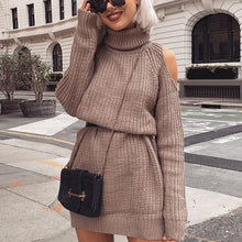 Load image into Gallery viewer, Knitting Sweater Dress Ladies Turtleneck Sexy Off Shoulder Autumn Winter Dress Women Pullover Slim Warm Jumper Dresses 2019 D30