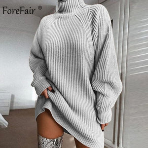 Forefair Oversized Knitted Dress Sweater Autumn 2019 Solid Long Sleeve Casual Elegant Mini Warm Winter Turtleneck Dress Women