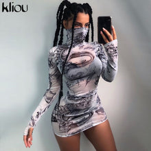 Load image into Gallery viewer, Kliou women turtleneck dress sexy mesh material print slim skinny dresses autumn new long sleeve female fashion skinny outfits