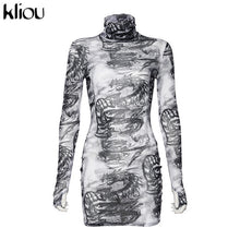 Load image into Gallery viewer, Kliou women turtleneck dress sexy mesh material print slim skinny dresses autumn new long sleeve female fashion skinny outfits