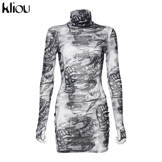 Kliou women turtleneck dress sexy mesh material print slim skinny dresses autumn new long sleeve female fashion skinny outfits