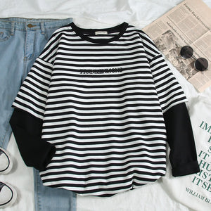 Korean Women shirts letters stripe Kawaii tops O-Neck All-match Students t-shirts autumn Harajuku Loose Clothing Casual T shirt