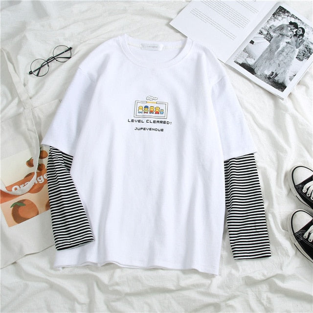 Korean Women shirts letters stripe Kawaii tops O-Neck All-match Students t-shirts autumn Harajuku Loose Clothing Casual T shirt