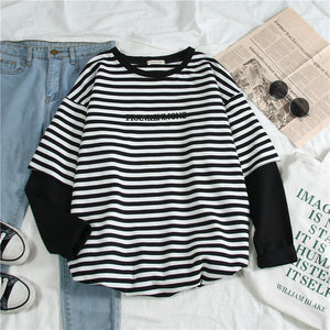 Korean Women shirts letters stripe Kawaii tops O-Neck All-match Students t-shirts autumn Harajuku Loose Clothing Casual T shirt