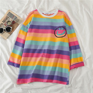 Korean Women shirts letters stripe Kawaii tops O-Neck All-match Students t-shirts autumn Harajuku Loose Clothing Casual T shirt