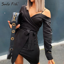 Load image into Gallery viewer, Night Club Off Shoulder Bandage Female Dress Sexy Bodycon Wrap V-Neck Women Autumn Dress Long Sleeve High Split Black Robe GV749