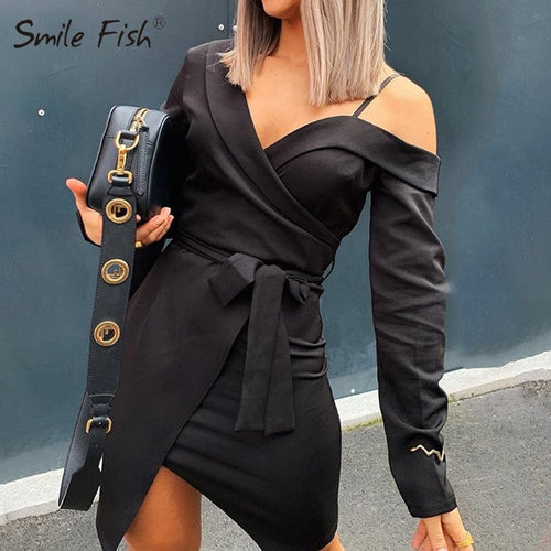 Night Club Off Shoulder Bandage Female Dress Sexy Bodycon Wrap V-Neck Women Autumn Dress Long Sleeve High Split Black Robe GV749