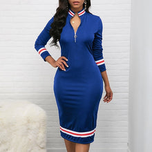 Load image into Gallery viewer, Turtleneck Zipper Striped Dress For Lady Black Long Sleeve Women Bodycon Dress Autumn Knee-Length Office Work Pencil Midi Dress