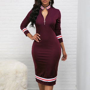 Turtleneck Zipper Striped Dress For Lady Black Long Sleeve Women Bodycon Dress Autumn Knee-Length Office Work Pencil Midi Dress