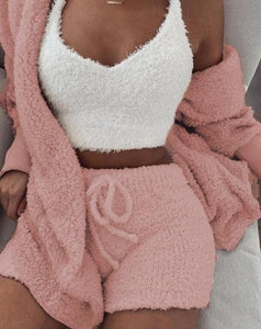 2019 Women Two Piece Set Outfits Autumn Winter Fluffy Hooded Open Front Teddy Coat & Short Sets