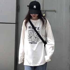 Korean Women shirts letters stripe Kawaii tops O-Neck All-match Students t-shirts autumn Harajuku Loose Clothing Casual T shirt