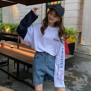 Korean Women shirts letters stripe Kawaii tops O-Neck All-match Students t-shirts autumn Harajuku Loose Clothing Casual T shirt