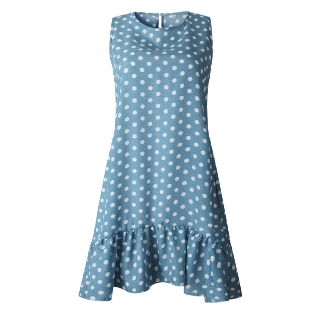 Lossky Women Summer Dress Fashion Polka Dot Sleeveless Beach Mini Dress Casual Printed Short Loose Blue Sundress 2019 vestidos