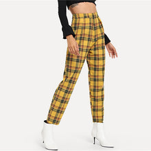 Load image into Gallery viewer, Casual Yellow Plaid Pants Women Mid Waist Zipper Fly Bottoms Pants Women Sweat Pants Tapered Carrot Trousers