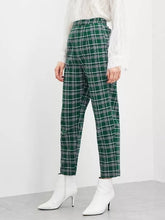 Load image into Gallery viewer, Casual Yellow Plaid Pants Women Mid Waist Zipper Fly Bottoms Pants Women Sweat Pants Tapered Carrot Trousers