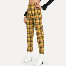 Load image into Gallery viewer, Casual Yellow Plaid Pants Women Mid Waist Zipper Fly Bottoms Pants Women Sweat Pants Tapered Carrot Trousers