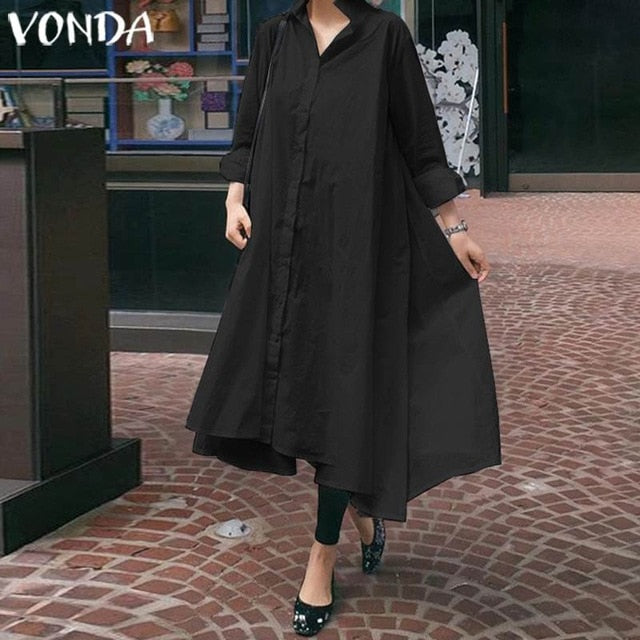 VONDA Office Ladies Dress Women Sexy Turn-down Collar Asymmetrical Party Dress Summer Sundress Casual Loose Vestido Plus Size