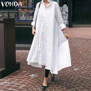 VONDA Office Ladies Dress Women Sexy Turn-down Collar Asymmetrical Party Dress Summer Sundress Casual Loose Vestido Plus Size