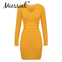 Load image into Gallery viewer, Miessial Knitted yellow v neck warm sweater dress Women long sleeve autumn elegant party dresses Winter bodycon mini sexy dress