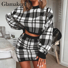 Load image into Gallery viewer, Glamaker Plaid knitted two-piece suit sexy autumn Dress women elegant winter sweater dress Sexy female fashion party short dress