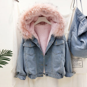 Velvet Thick Denim Jacket Female 2019 New Winter Big Fur Collar Korean Locomotive Lamb Coat Women Student Short Cowboy Coat