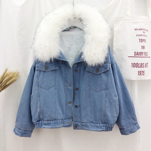 Velvet Thick Denim Jacket Female 2019 New Winter Big Fur Collar Korean Locomotive Lamb Coat Women Student Short Cowboy Coat