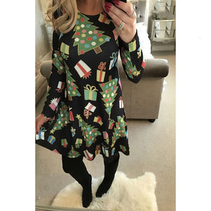 S-XL Plus Size Tunic Autumn Women Dresses Casual Cartoon Print Christmas Dress Casual Loose Long Sleeve Party Dress Vestidos