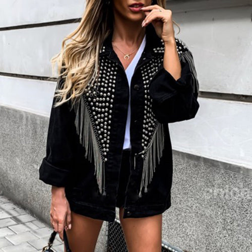 Punk Tassel Rivet Women Jacket Black Fall Winter 2019 Loose Gothic Hip Hop Female Long Sleeve Outwear Overcoat Top Short Jackets