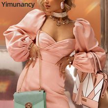 Load image into Gallery viewer, Yimunancy Autumn Puff Sleeve Dress Women V Neck High Waisted Bodycon Dress Ladies Long Sleeve Pink Party Dress Vestidos Robes