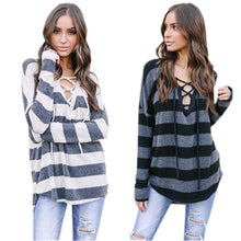 Load image into Gallery viewer, Womens Stripe Cotton Shirts Blouse Casual Loose Long Sleeve Lace Up Shirt Autumn Spring Cloting Tops