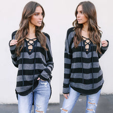 Load image into Gallery viewer, Womens Stripe Cotton Shirts Blouse Casual Loose Long Sleeve Lace Up Shirt Autumn Spring Cloting Tops