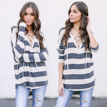 Load image into Gallery viewer, Womens Stripe Cotton Shirts Blouse Casual Loose Long Sleeve Lace Up Shirt Autumn Spring Cloting Tops