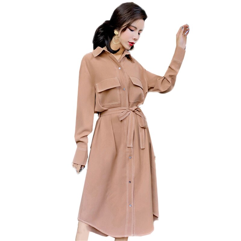 Elegant Long Sleeve Dress 2018 New Women Autumn Mid-Calf Belted Party Dresses Female Casual Lapel Dresses Big Yard Cloting O551