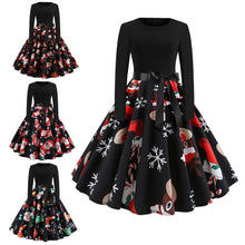 Load image into Gallery viewer, Fashion Christmas Fashion Women Dress Snowflake Print O Neck Bow Belt Long Sleeve A-line Dress For Women's Clotings