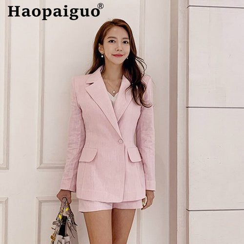 Plus Size 2019 Autumn Winter Women Two Piece Set Pink Singer Button Blazer and Shorts Office Work 2 Piece Set Women Fall Clotes