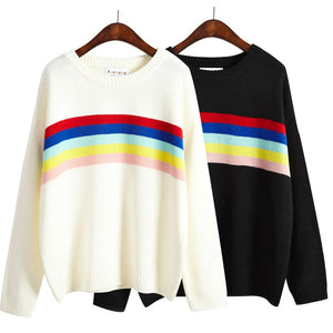 2019 Women sweaters and pullovers autumn long sleeve o-neck tops rainbow stripes casual knit sweater korean ladies loose cloting