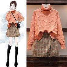 Load image into Gallery viewer, Big Yards Suits Winter Basic Vestido Women High Collar Pullover Sweater Grid Skirt Two Pcs Cloting Set Outfit Knitwear Warm Sets